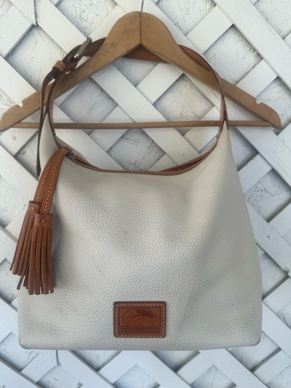Dooney & Bourke White Pebble White Leather Shoulder Hobo Bag with Brown Trim